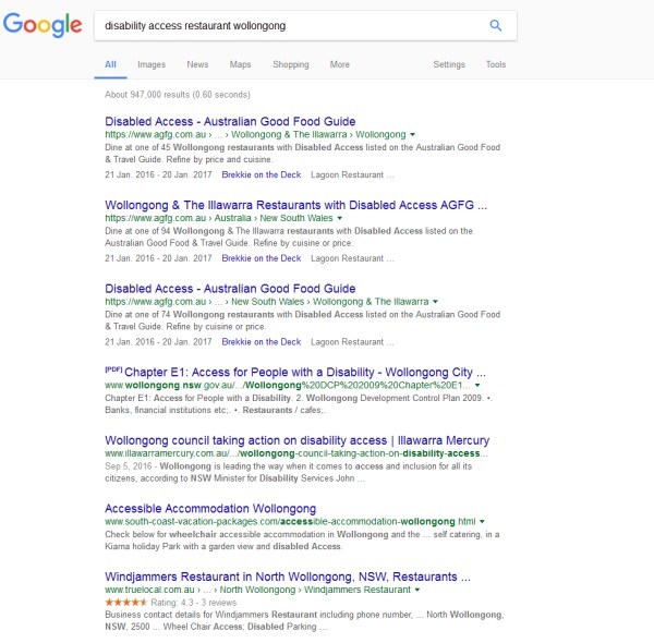 Keyword Research Experiment - Google SERPs for "disability access restaurant wollongong" December 2016